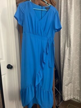 The Limited Bright Blue Short Sleeve Ruffle Wrap Midi Dress